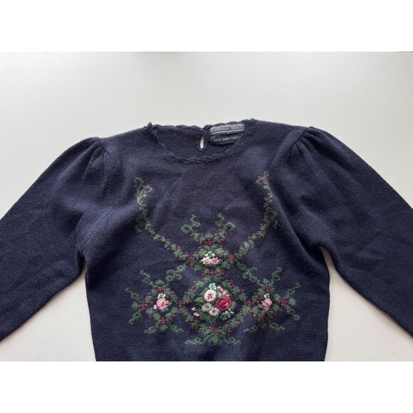 Vintage 90's HERMAN GEIST Navy Blue Knit Hand Embroidered Floral Sweater, Size S - Picture 7 of 12
